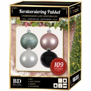 109 stuks kerstballen mix wit-roze-mint-zwart voor 150 cm boom