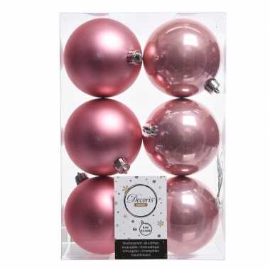 12x oud roze kerstversiering kerstballen kunststof 8 cm