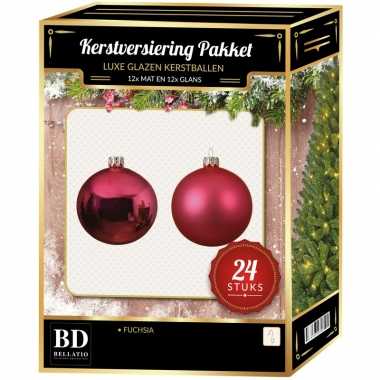 24 stuks glazen kerstballen pakket fuchsia roze 6 cm