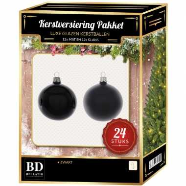 24 stuks glazen kerstballen pakket zwart 6 cm