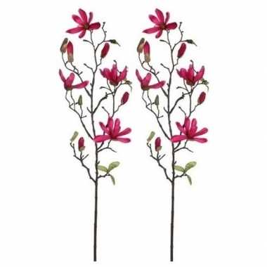 2x fuchsia roze magnolia/beverboom kunsttak kunstplant 80 cm