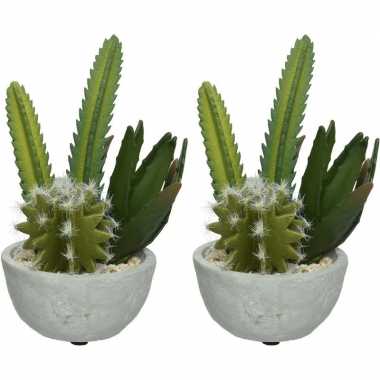 2x groene cactus kunstplanten 20 cm in betonnen pot