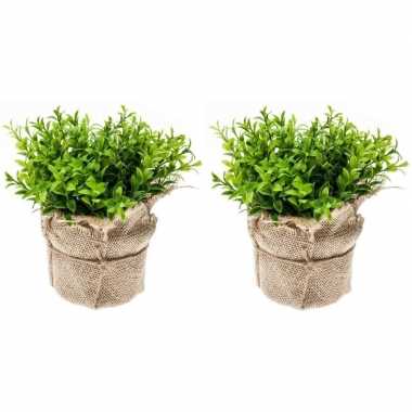 2x kunstplanten tuinkers kruiden groen in jute pot 16 cm
