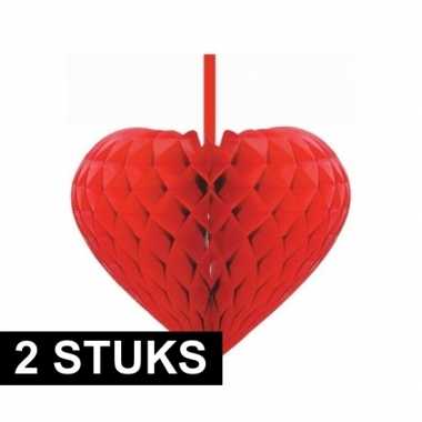 2x rode decoratie hartjes versiering 15 cm