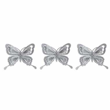 3x kerst decoratie vlinders zilver 14 x 10 cm