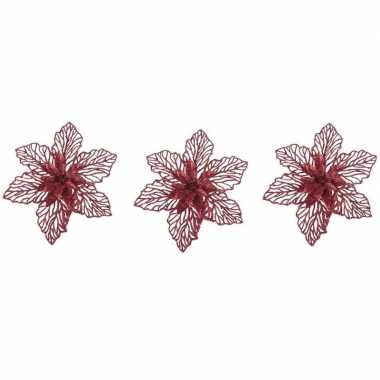 3x kerstboomversiering op clip rode glitter bloem 17 cm