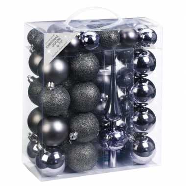 47x antraciet/grijs tinten kunststof kerstballen 4-6 cm met piek