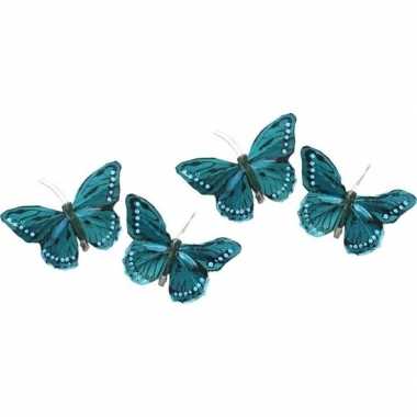 4x kerstboomversiering turquoise/witte vlinders op clip 9 x 11