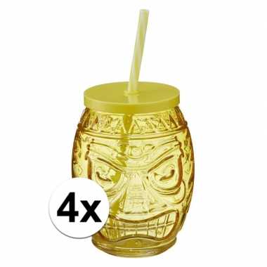4x tiki glazen drinkpotje/drinkglas met deksel 550 ml geel