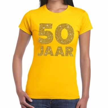 50 jaar goud glitter verjaardag/jubileum kado shirt geel dames