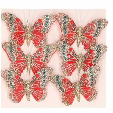 6x rode decoratie vlinders met glitters op steker 8 cm