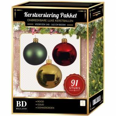 91 stuks kerstballen mix goud-donkergroen-rood voor 150cm boom