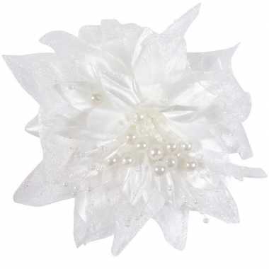 Bruiloft/huwelijk corsage wit 12 cm met bloem en parels