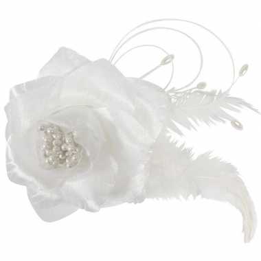 Bruiloft/huwelijk corsage wit 9 cm met roos en parels