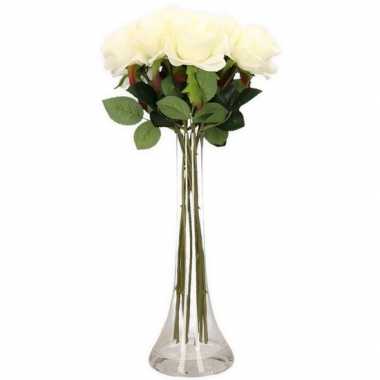 Decoratie kunstbloemen 10 witte rozen met vaas