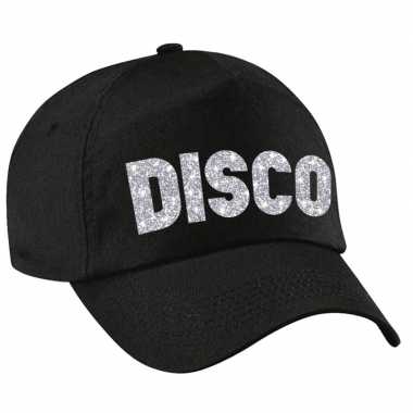 Disco pet /cap zwart met zilver bedrukking volwassenen