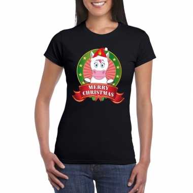 Eenhoorn kerst t-shirt zwart merry christmas voor dames