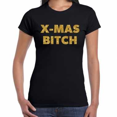 Fout kerst shirt x-mas bitch goud / zwart voor dames