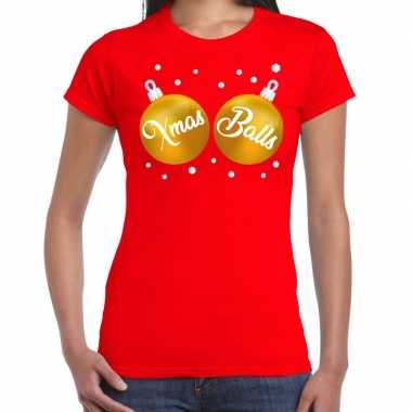 Fout kerst t-shirt rood met gouden xmas balls voor dames