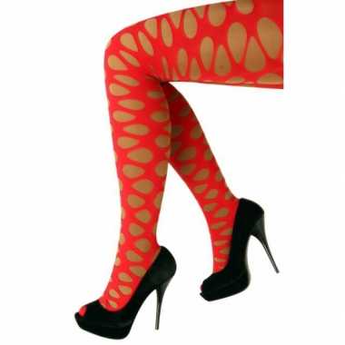 Gaten panty in neon rode kleur