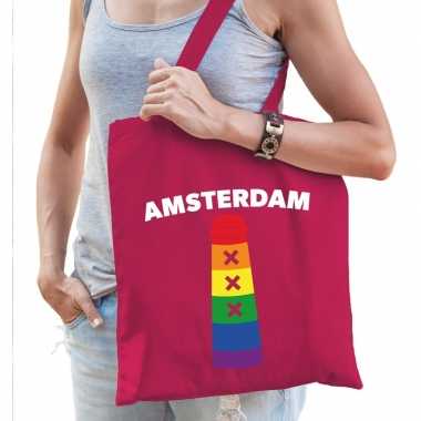 Gay pride amsterdamse paal regenboog katoenen tas roze