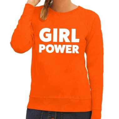 Girl power tekst sweater oranje voor dames