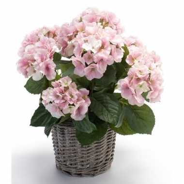 Kunstplant hortensia roze in rieten mand 45 cm