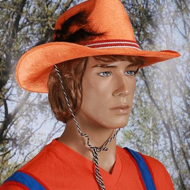 Oranje cowboy hoed met veer