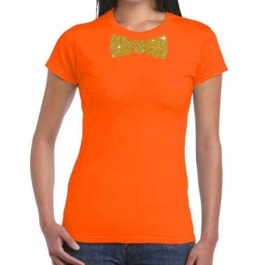 Oranje fun t-shirt met vlinderdas in glitter goud dames