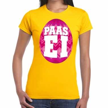 Paasei t-shirt geel met roze ei voor dames