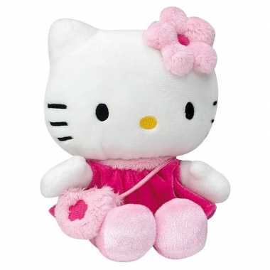 Pluche hello kitty knuffel in fuchsia jurkje 15 cm