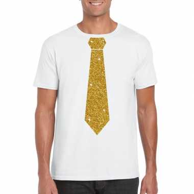 Toppers - wit fun t-shirt met stropdas in glitter goud heren