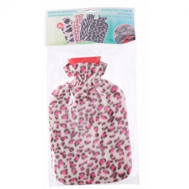 Water kruik met fleece hoes luipaard print roze 2 liter