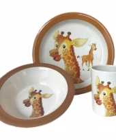 3 delig ontbijtset bord kom beker voor kinderen giraffe thema wit bruin melamine trend