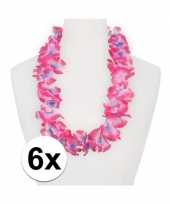 6x feestartikelen hawaii bloemen krans roze paars trend