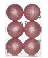 6x roze glitter kerstballen 8 cm kunststof trend