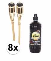8x bamboe fakkel met metalen oliereservoir en fakkelolie 1 l trend