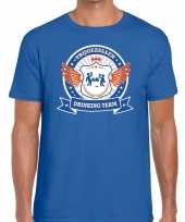 Blauw vrijgezellenfeest drinking team t-shirt blauw oranje heren trend