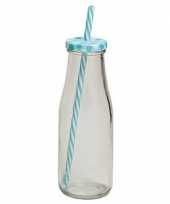 Blauw witte glazen drink flesje met rietje 400 ml trend