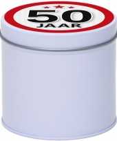 Cadeau kado wit rond blik 50 jaar 10 cm trend