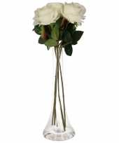 Decoratie kunstbloemen 5 witte rozen met vaas trend