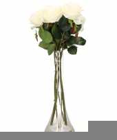 Decoratie kunstbloemen 6 witte rozen met vaas trend