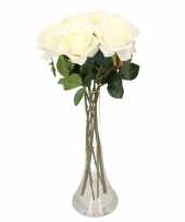 Decoratie kunstbloemen 8 witte rozen met vaas trend