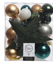 Dennengroen goud wit kerstballen pakket met piek 33 stuks trend
