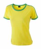 Geel dames t-shirt met groene contrast trend