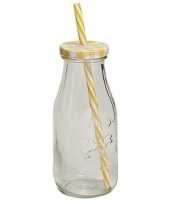 Geel witte glazen drink flesje met rietje 300 ml trend