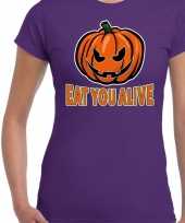 Halloween eat you alive verkleed t-shirt paars voor dames trend