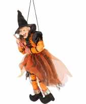Halloween heks hangdecoratie pop oranje zwart 45 cm halloween versiering trend