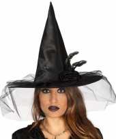 Halloween zwarte heksenhoed met bloem en sluier trend