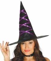 Halloween zwarte heksenhoed met paars lint voor dames trend